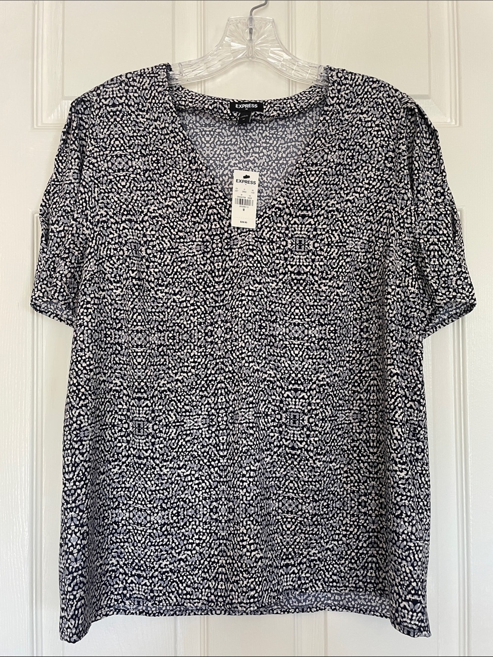 Express Blue and White Printed V-Neck Blouse